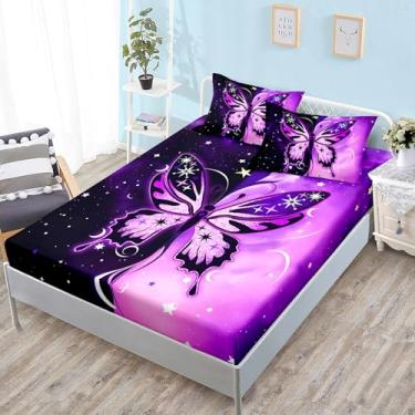Imagem de HOSIMA Jogo de cama casal com borboleta, decoração de quarto de meninas, estética simétrica, borboleta, estampa de fundo preto e roxo, com estampa de estrelas, 1 lençol com elástico + 2 fronhas.