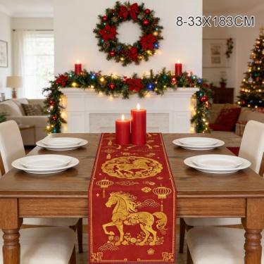 Imagem de Caminho de mesa com padrão de lanterna chinesa e cavalo de 33 x 188 cm, caminho de mesa asiático, decorações de festa chinesas para festivais de primavera, suprimentos de festa, cozinha, decoração de