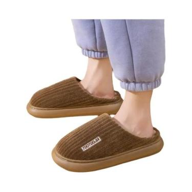 Imagem de Pantufas De Inverno Femininas De Pelúcia Para Casal, Com Listras, Espu