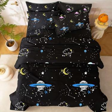 Imagem de SDY Roupa de cama Queen Space para meninos, cama Galaxy em uma bolsa para crianças, meninas, meninos, inclui 1edredom, 1 lençol com elástico, 1 lençol de cima, 2 fronhas e 2 fronhas