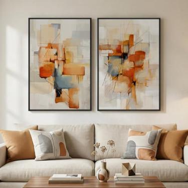 Imagem de Arte de parede em tela abstrata neutra emoldurada grande, 2 peças de arte de pinturas de impressões modernas para paredes, imagens minimalistas em bloco laranja azul para sala de estar, sala de jantar
