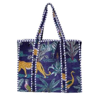 Imagem de SHIRANYA Bolsa feminina acolchoada – Bolsa de ombro leve de veludo macio para compras, viagens e transporte diário, Azul marinho, Large, Sacola com estampa de selva