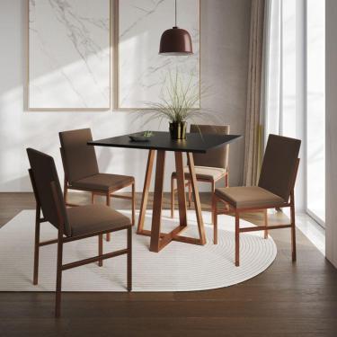 Imagem de Conjunto De Jantar Mesa Mônaco 90cm Tampo Preto Com 4 Cadeiras Marrom Base Cobre Preto