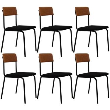 Imagem de Kit 06 Cadeiras Estofada Para Sala De Jantar Sense Preto C01 Linho Preto Courino Caramelo - Lyam Decor