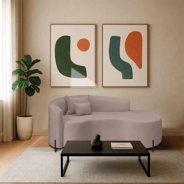 Imagem de Divã Recamier Curvo Sala De Estar Recepção Inglaterra 200cm Pés Metal Preto Lado Direito Linho Rosê