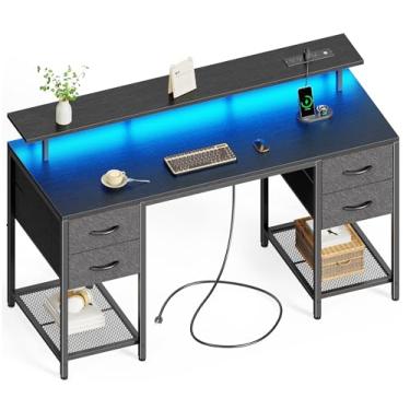 Imagem de Huuger Mesa de computador de 140 cm com 4 gavetas, mesa de jogos com luzes LED e tomadas elétricas, mesa de escritório em casa com grande espaço de armazenamento para quarto, trabalho em casa, preta