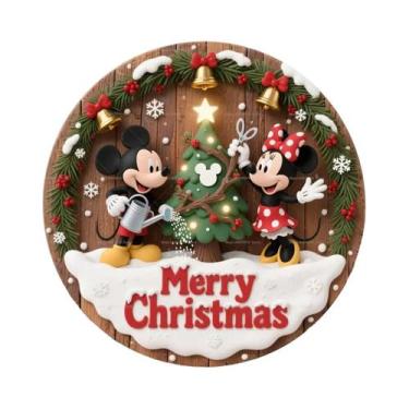 Imagem de Feliz Natal Disney Mickey Minnie Placa Redonda De Madeira Personalizad