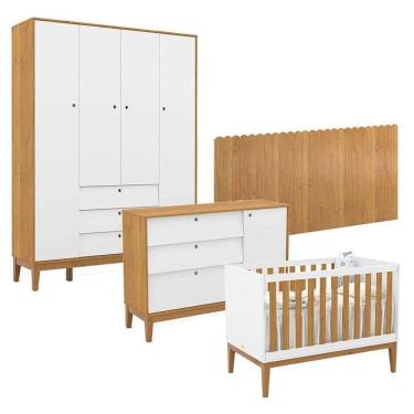 Imagem de Quarto De Bebê Unique 4 Portas Com Cômoda Sapateira E Painel Farm Branco Soft Freijó Eco Wood Matic