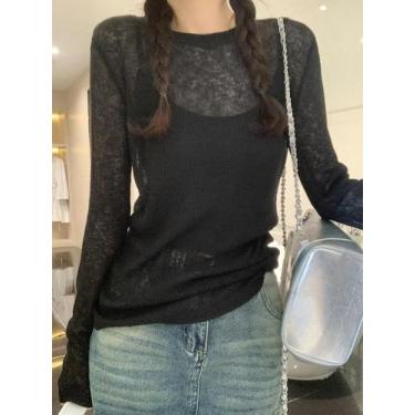 Imagem de Camiseta Feminina Sexy Transparente - Manga Comprida, Gola Redonda, Ma