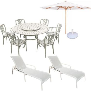Imagem de Kit Conjunto para Jardim Fênix Mesa Giratória 6 Cadeiras Ombrelone e 2 Espreguiçadeiras Alumínio Branco
