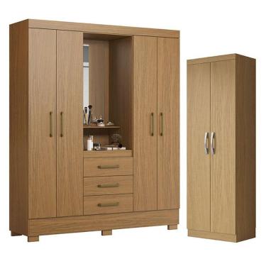Imagem de Guarda Roupa Solteiro Paris 4 Portas de Bater 3 Gavetas MDP Espelho Atacama e Armário Multiuso New