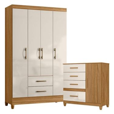 Imagem de Guarda Roupa Solteiro e Cômoda Paraty Vênus 4 Portas de Bater 2 Gavetas MDP com Pés e Cabideiro Freijó Off White