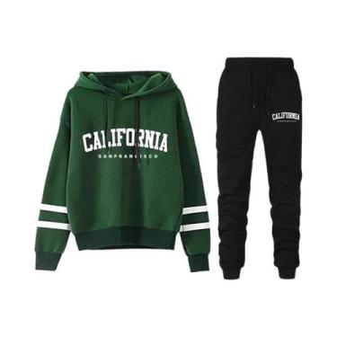 Imagem de Conjunto De Moletom Casual Feminino Com Listras, Calça E Blusa Com Cap