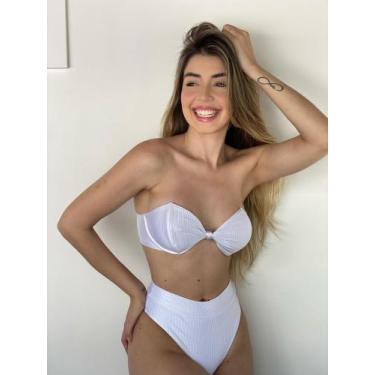 Imagem de Biquíni Meia Taça Com Nó e Aro Hot Pant Canelado   Branco /Preto - MF 