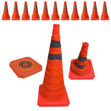 Imagem de Kit 11 Cones Retráteis Dobráveis 70cm com Faixas Refletivas para Sinalização Laranja Economia Solar