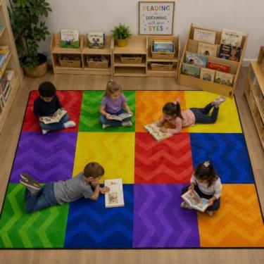 Imagem de Tapete infantil para sala de aula, macio para sala de aula, tapete de berçário de 1,5 x 1,8 m com suporte de borracha, tapete xadrez colorido adequado para pré-escola, sala de estar, biblioteca e área
