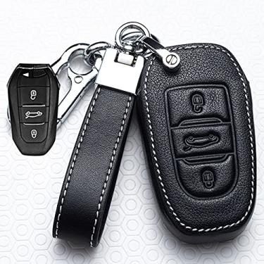 Imagem de YJADHU Capas para chaves de carro em couro, adequadas para Peugeot 107 206 207 208 306 307 301 308S 407 2008 3008 4008 5008 RCZ Citroen C1 C2 C3 C4 C5, E, preto