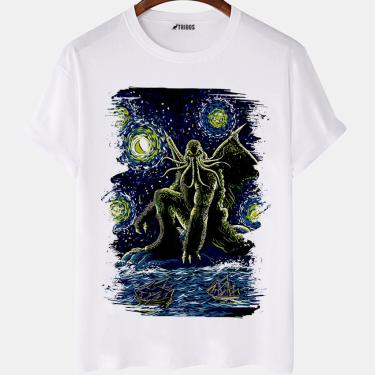 Imagem de Camiseta masculina Cthulhu A Nooite Estrelada Van Gogh Camisa Blusa Branca Estampada