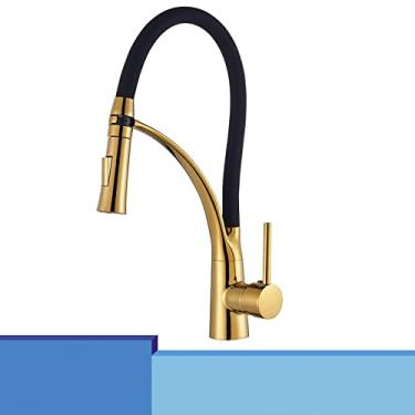 Imagem de Cromo/níquel/preto/ouro torneira de cozinha de borracha torneira misturador de 360 ​​graus rotação pull down fluxo pulverizador torneiras de cozinha, ouro, china