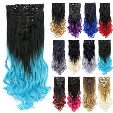 Imagem de IMISSU Conjunto de 7 peças clipe longo encaracolado em extensão de cabelo ombre cor cabeça cheia extensões de cabelo peruca para menina (Ombre Céu Azul)