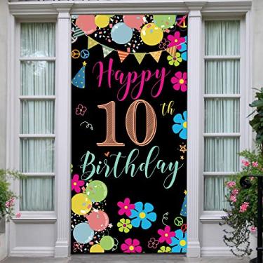 Imagem de Faixa de porta de 10º aniversário, decorações coloridas de feliz aniversário de 10 anos para menina menino, decorações de pôster de placa de porta, pano de fundo de decoração de festa de aniversário de 10 anos, vicicaty de tecido de 1,9 m x 9 m