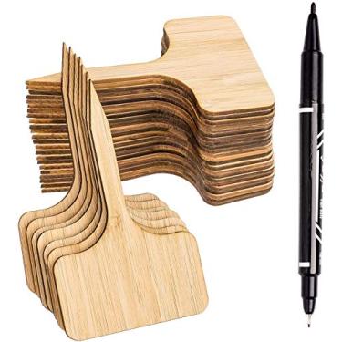 Imagem de Whaline 30 peças de etiquetas de plantas de bambu com uma caneta marcadora, marcador de planta de madeira tipo T etiquetas de jardim marcadores de jardim para sementes ervas em vaso flores vegetais (6 x 10 cm)