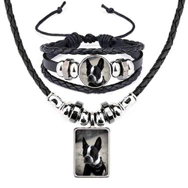Imagem de Bulldog Conjunto de joias de couro com imagem escura de animais de estimação