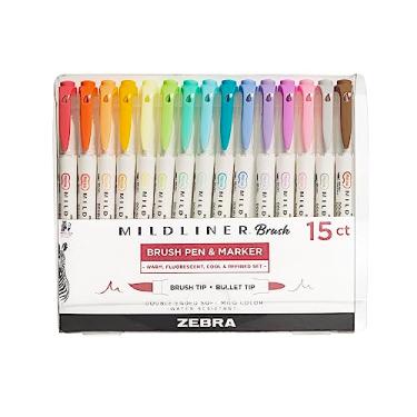 Imagem de Zebra Pen Marcador de pincel Mildliner, pincel de ponta dupla e caneta de ponta fina, cores sortidas e suaves, 15 unidades (pacote com 1)