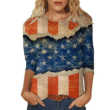 Imagem de Camiseta feminina bandeira americana patriótica manga 3/4, 4 de julho, dia da independência, gola redonda, camisetas fofas para festivais, E-bege, P