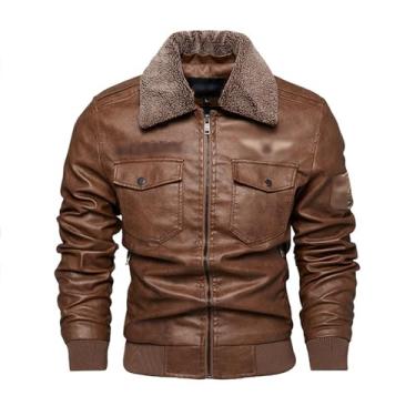 Imagem de Jaqueta masculina de lã bordada com gola de pele removível, jaqueta de couro com zíper, casaco quente de inverno, Café, 3G