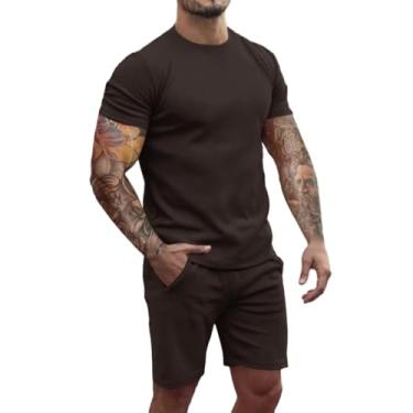 Imagem de Uni Clau Conjuntos de camisa e shorts masculinos moda verão casual manga curta 2 peças conjuntos curtos, Marrom, GG