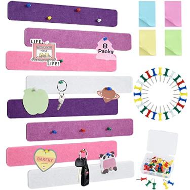 Imagem de Vuzvuv 8 tiras de barra de quadro de avisos com 50 pinos e 10 pinos de clipe de madeira, placa de cortiça autoadesiva para parede, placa de feltro para escola, decoração de escritório (rosa roxa)