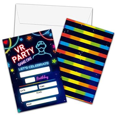 Imagem de Foosproea Convites de aniversário de realidade virtual com envelopes - Cartão de convite de festa para meninos/meninas - Cartões de convites de preenchimento Rainbow Neon Glow - Celebração de festa de