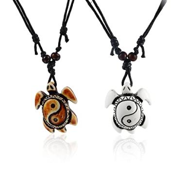 Imagem de 2 colares com pingente de tartaruga marinha esculpida em osso artificial - Colar de medalhão de tartaruga Yin Yang - Amuleto de mascote da sorte de animal havaiano para mulheres e homens, Metal, osso