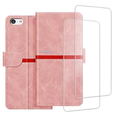 Imagem de ESACMOT Capa de celular compatível com iPhone 5C + [2 unidades] película protetora de tela de vidro, capa protetora magnética de couro premium para iPhone 5C (4 polegadas) rosa