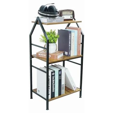 Imagem de Estante de livros pequena industrial de 3 camadas, prateleira de metal estreita, organizador de armazenamento de livros para sala de estar, quarto e escritório em casa - marrom rústico