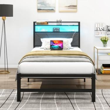 Imagem de HAHRIR Estrutura de cama com estação de carregamento e luzes LED, cabeceira estofada de metal resistente com função de armazenamento, suporte de ripas de aço forte, sem necessidade de mola box, sem