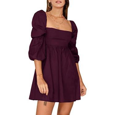 Imagem de EXLURA Vestido feminino de gola quadrada, manga bufante, evasê, casual, curto, mini vestido, Vinho, PP