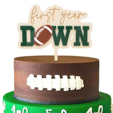 Imagem de First Year Down Wooden Cake Topper,Football 1st Birthday Party Decorations,Sports One Birthday Wood Cake Topper,Little Footballer Smash Cake Photo Props (First Year Down Wooden)