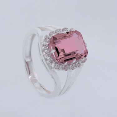 Imagem de Anel de Prata Coleção Queens Cristal Safira Rosa 8x10 e Zircônias Brancas