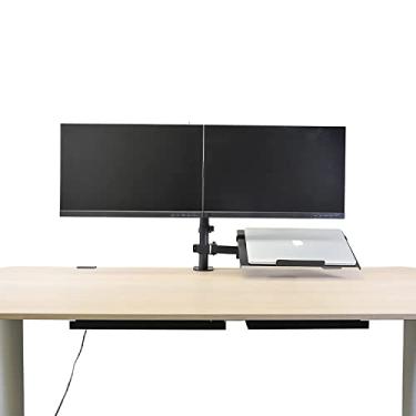 Imagem de AEONS Suporte de mesa para monitor duplo e laptop com bandeja para notebook de 17 polegadas, suporte de braço triplo ajustável 3 em 1 para tela LCD de 27 polegadas com VESA, gerenciamento de grampos e