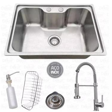 Imagem de Kit Cuba Aço Cozinha Inox C/ Torneira Flexível Gourmet - Moveis Dul@r 