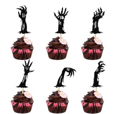 Imagem de 24Pcs Halloween Cupcake Toppers Black Glitter Creepy Zombie Hand Cupcake Topper for Halloween Horror Movie Bloody Theme Birthday Party Cake Decorations Supplie