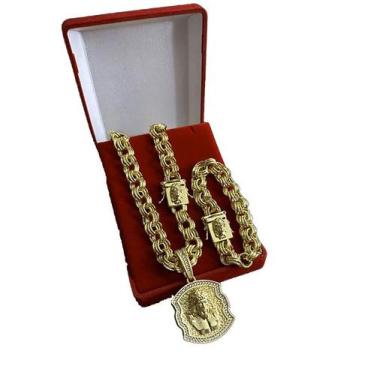 Imagem de Kit friso triplo 13mm fecho especial jesus cristo - banhado a ouro 18k