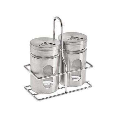 Imagem de Saleiro e Pimenteiro Vidro e Aço Inox 2 Peças - com Suporte Hauskraft 