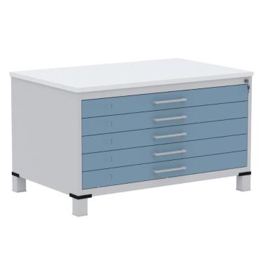 Imagem de Mapoteca 5 Gavetas Pandin 120cm (Larg) Tampo MDP Branco Estrutura Aço Cinza Gaveta Azul Dali