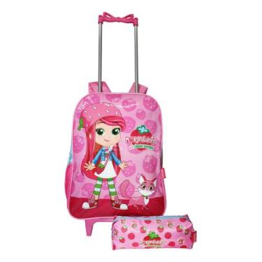 Imagem de Kit Mochila Moranguinho Rodinhas Infantil Feminina Estojo G - Luxcel