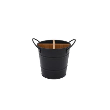 Imagem de Shopdp Porta-utensílios de aço inoxidável organizador de talheres balde de talheres com 3 compartimentos dividido por um divisor de bambu removível (preto)