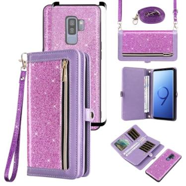 Imagem de Asuwish Capa de celular para Samsung Galaxy S9 Plus carteira com zíper destacável com película de vidro temperado, alça com glitter, suporte para cartão S9+ 9S 9+ S 9 9plus S9plus mulheres homens roxo