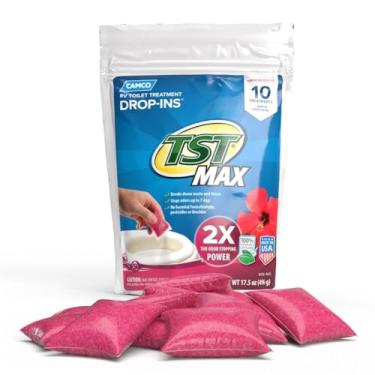 Imagem de Camco Tratamento de vaso sanitário TST MAX RV Drop-INs - Controle odores indesejados e quebra resíduos e tecidos - Seguro para fossas sépticas - Perfume de brisa de hibisco - pacote com 10 (41603)